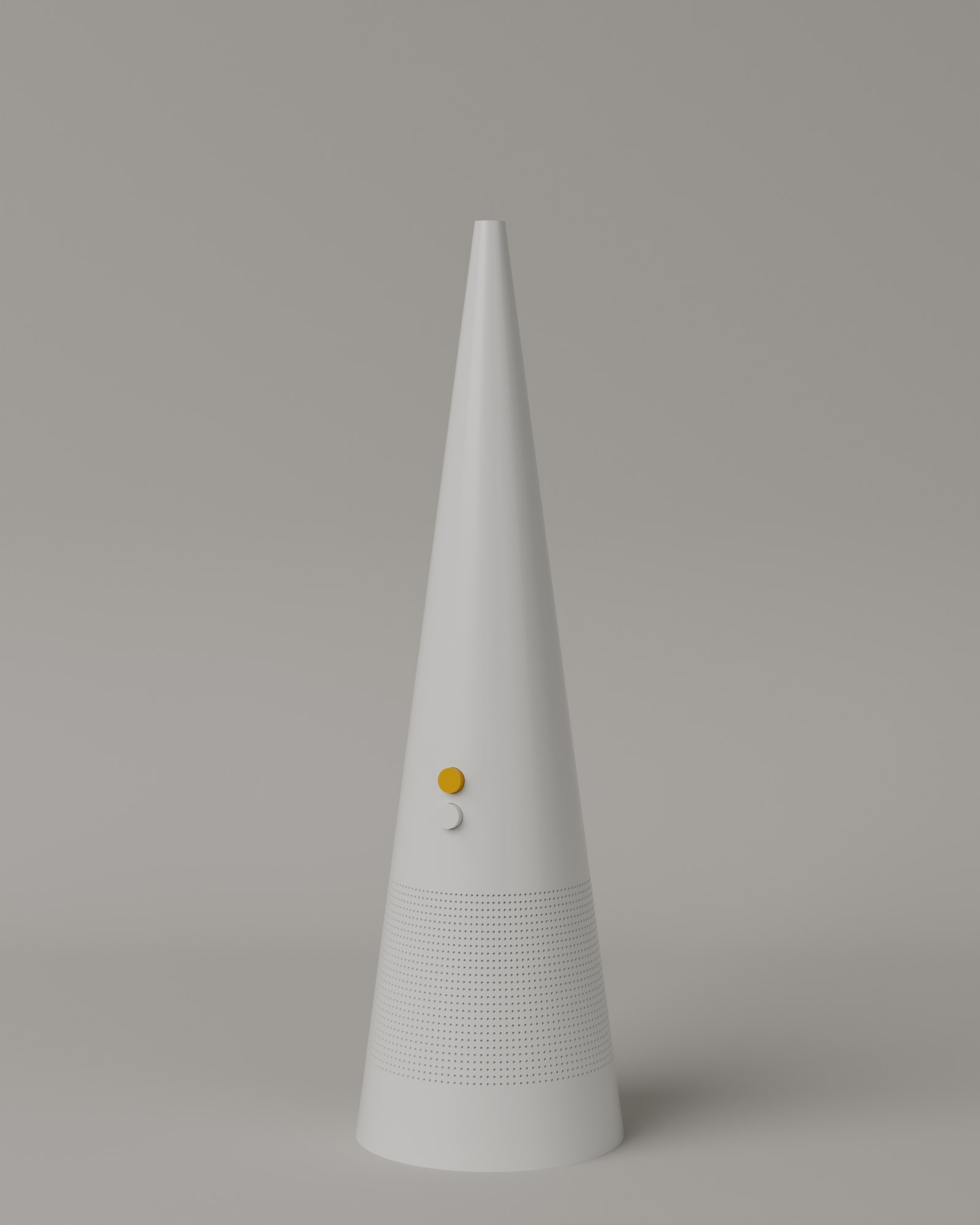 Sky Dryer, white cone with perforated band and yellow button, on a grey studio backdrop